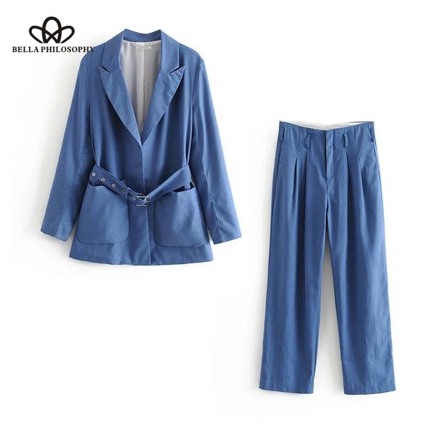 

bella philosophy women 2019 autumn sashes blazer suit office lady blue pocket cotton and linen pants female fashion work blazer, White;black
