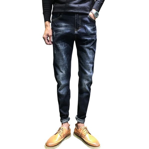 

2019 men's autumn new jeans student pants stretch feet white jeans classic youth trousers simple and high-end, Blue
