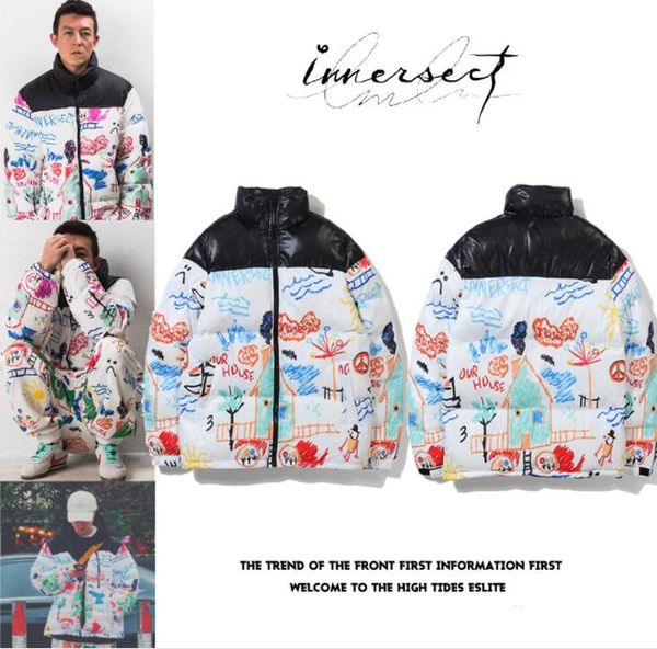

new 19ss new inect graffiti stand-up collar zipper couple down jacket padded jacket, Black