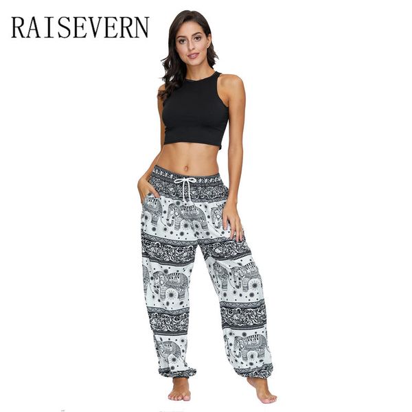 

female casual pants thai style elephant printing drawstring pants loose leisure trousers women sweatpants, Black;white
