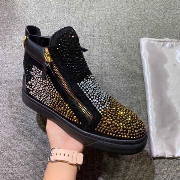 

h1017 2019 new fashion designer leather sneakers in round toe double zipper mens/womens casual shoes with small drill, Black