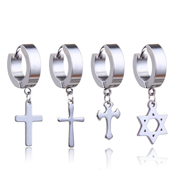 

titanium steel cross star drop fake piercing punk earrings men hypoallergenic non-piercing clip on hoop ear rings for women fashion jewelry, Silver