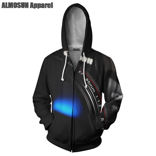 

almosun camera lens 3d all over printed zippper men pockets hoodies sweatshirt hipster casual streetwear jumper unisex, Black