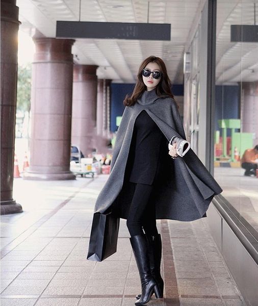 

fashion spring autumn thin cloak windbreaker women hooded blends cardigans casual mid-length shawl coat, Black
