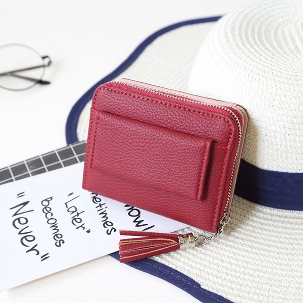 

new fashion cute wallet women tassel mini wallets coin bag leather ladies simple bifold small pu purse, Red;black