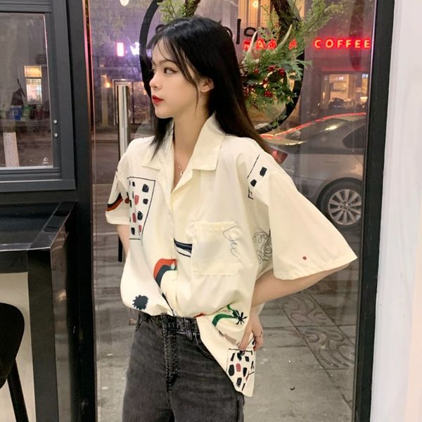 

women's blouses & shirts zcwxm harajuku pint fashion women short sleeve single breasted student casual blouse 2021 spring summer blusas, White
