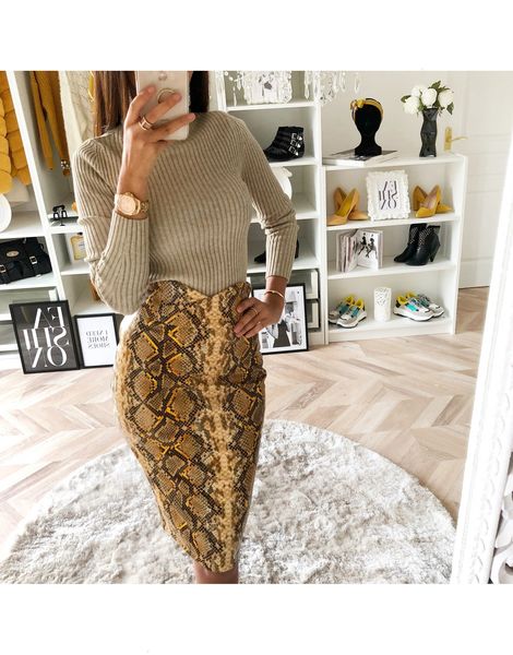 

skirt women bodycon high waist vintage snake print knee length ladies skirt pencil yellow female skirts, Black