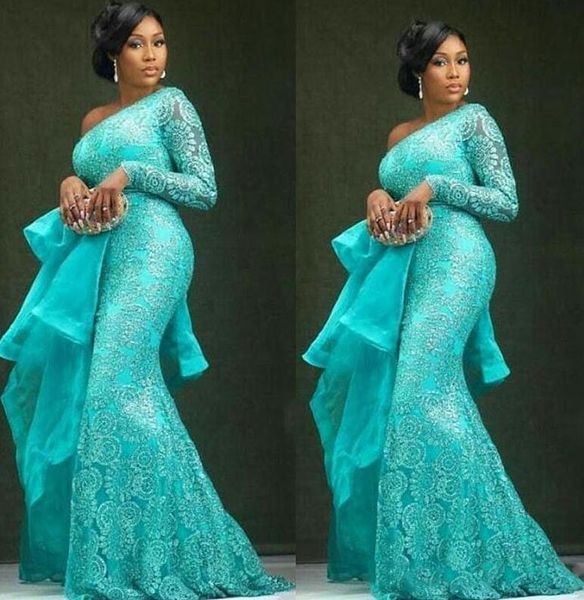 

aso ebi 2021 blue evening dresses long sleeves lace mermaid prom gowns one shoulder nigerian style women formal party gowns, Black;red