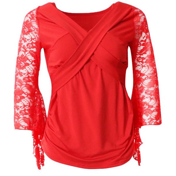 

ballroom flamenco latin dance blouse square dance v neck lace sleeve women dancewear costumes, Black;red