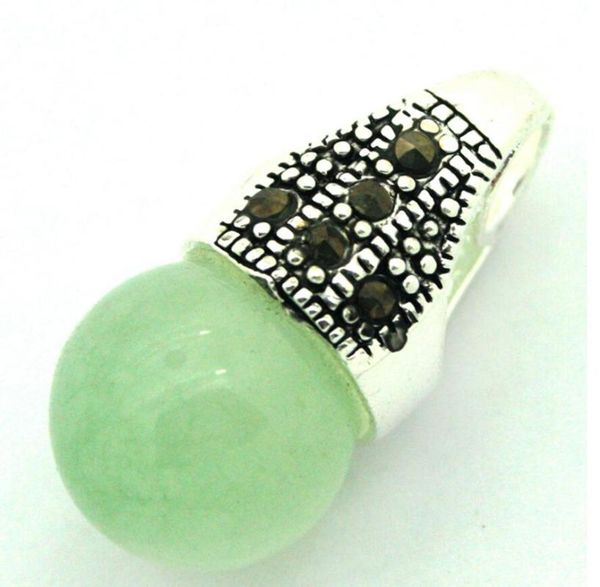 

12mm round natural light green jade beads marcasite 925 sterling silver pendant