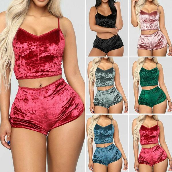 

v-neck spaghetti strap sleepwear shiny velvet pajama sets and shorts lady fashion loungewear, Black;red