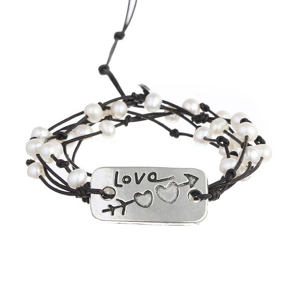 

real freshwater pearl genuine leather bracelet for women cupid arrow through the heart forever love handmade braided lucky gift, Black