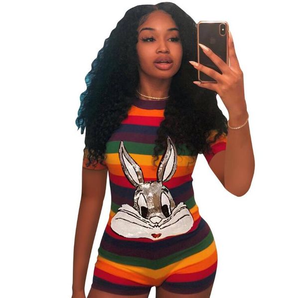 

stripped jumpsuits womens summer sequins rabbit one-piece jumpsuit shorts colors sexy streetwear jumpsuits, Black;white