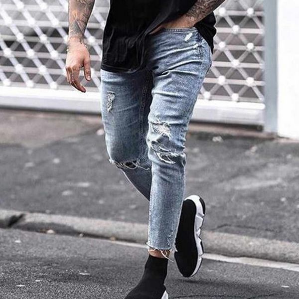 

2019 high street men jeans ripped skinny jean pants hip hop fashion men jeans casual denim trousers streetwear distressed, Blue