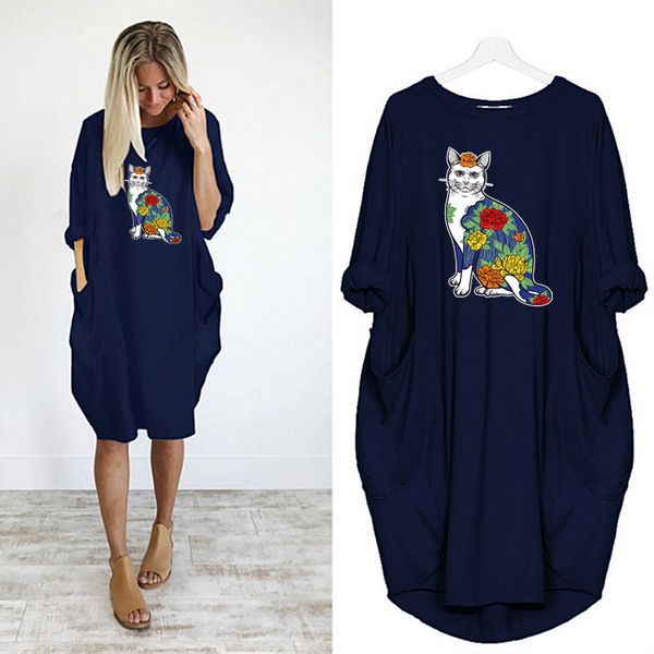 

colorful cats womens designer dress fashion pattern dresses casual womens clothes with pockets girls printing 2020 quanlity, Black;gray