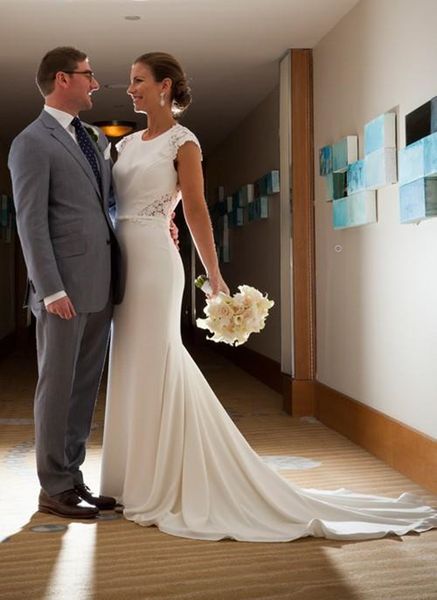 

romantic mermaid wedding dresses backless cap sleeves chiffon bridal gown plus size sweep train wedding dress, White