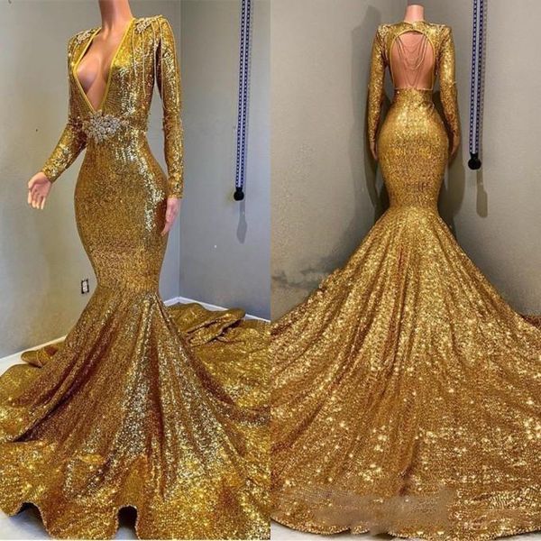 

charming gold sequined prom dresses deep v neck mermaid evening gowns long sleeves open back sweep train party dress cheap, Black