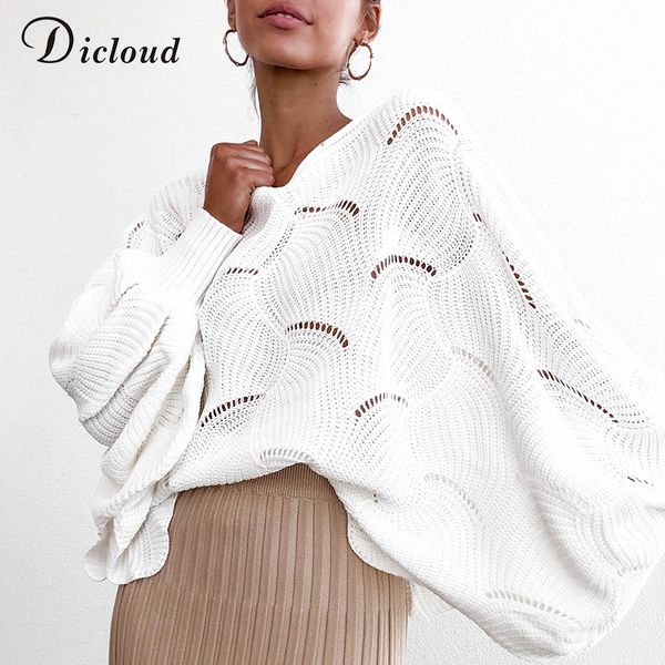 

dicloud белый ballon рукава крупногабаритные свитер женщины осень зима 2019 выдалбливают перемычка ladies long pullover зимняя одежда, Black;gray