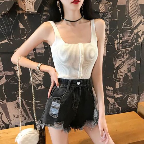

women sleeveless tank button camis knitted female tank, White