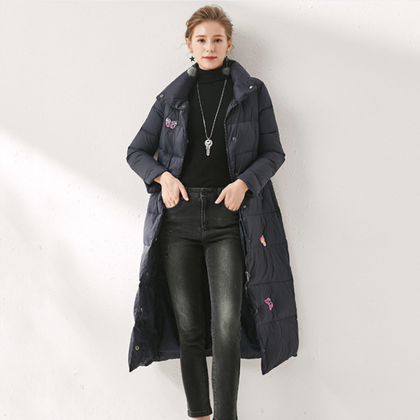 

women stand collar long duck down jacket female fashion warm thickened coats lady embroidery fitted down coat, Black