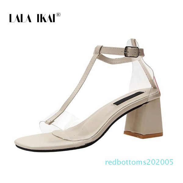 

lala ikai women 2020 summer fashion sandals open toe pu leather transparent buckle high square heels shoes women r05, Black