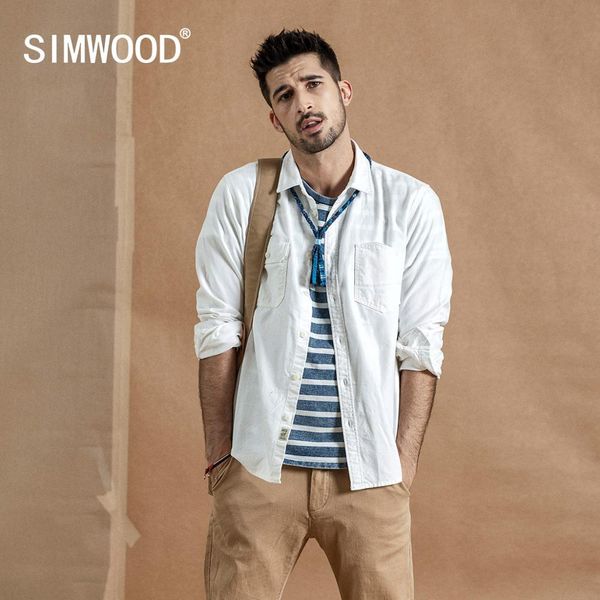 

simwood 2019 autumn new cargo pocket shirt men 100% cotton causal long sleeve shirts plus size clothing 190376, White;black