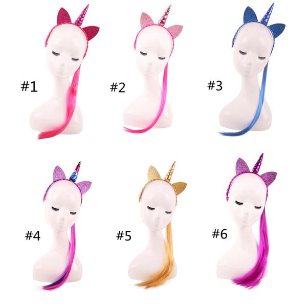 Parrucca per ragazze Coda di cavallo Fasce per unicorno Bastoncini per capelli per bambini Costume cosplay per feste Trucco Accessori per capelli Fasce per capelli con orecchie di gatto con paillettes HHA729