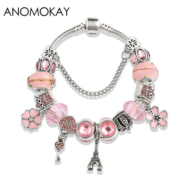 

2019 eiffel tower heart flower crown bead bracelet antique silver romantic lovers' diy crystal metal charm bracelet, Golden;silver