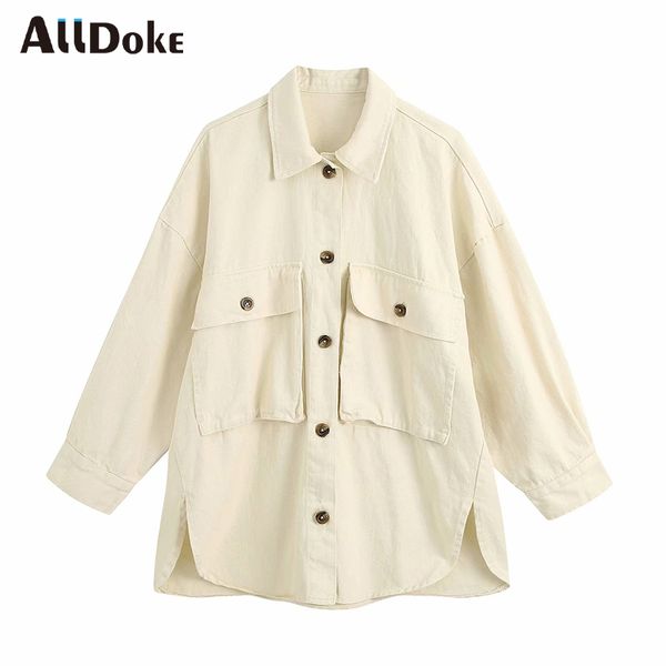 

alldoke double pockets women jacket autumn turn down collar long sleeve oversized coats femme streetwear ladies split jackets, Black;brown