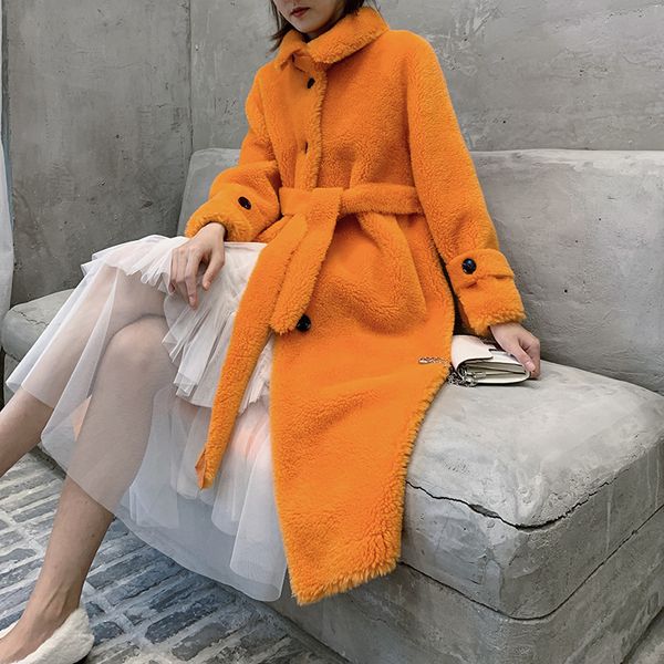 

tcyeek real fur coat female vintage long sheep shearing jacket women clothes 2019 korean fashion 100% wool coat hiver 107110, Black
