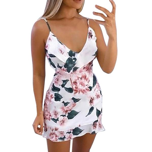 

februaryfrost womens v neck floral printed strappy mini dress summer ladies ruffle summer beach party dresses casual beach dresses, Black;gray