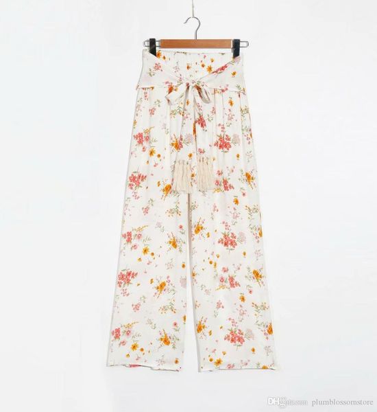 

women floral print boho pants elastic waist tassel casual beach full length wide leg pants capris long trousers bohemian spring summer pants, Black;white