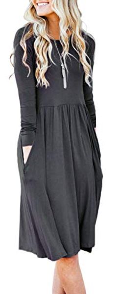 

nenona womens long sleeve pocket empire waist pleated loose swing casual flare midi dress, Black;gray
