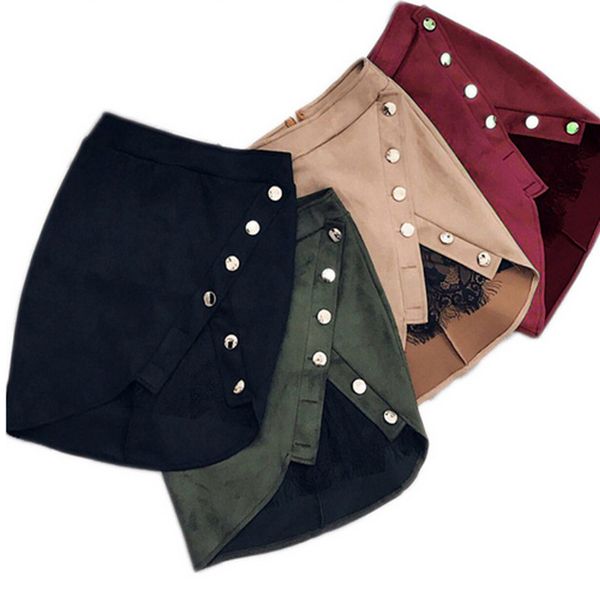 

new fashion women high waist pencil skirts metal button lace patchwork bodycon suede fabric split party casual mini skirt, Black