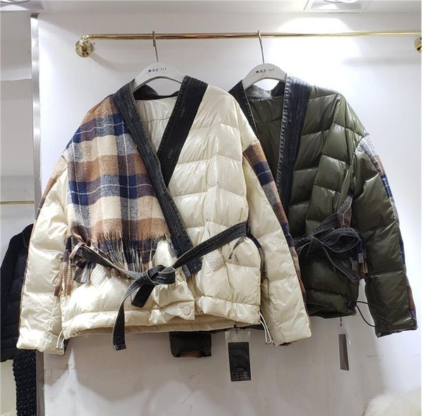 

2019 autumn winter new v collar denim stitched plaid wool down cotton coat feminine women's loose padded jacket students parkas, Black
