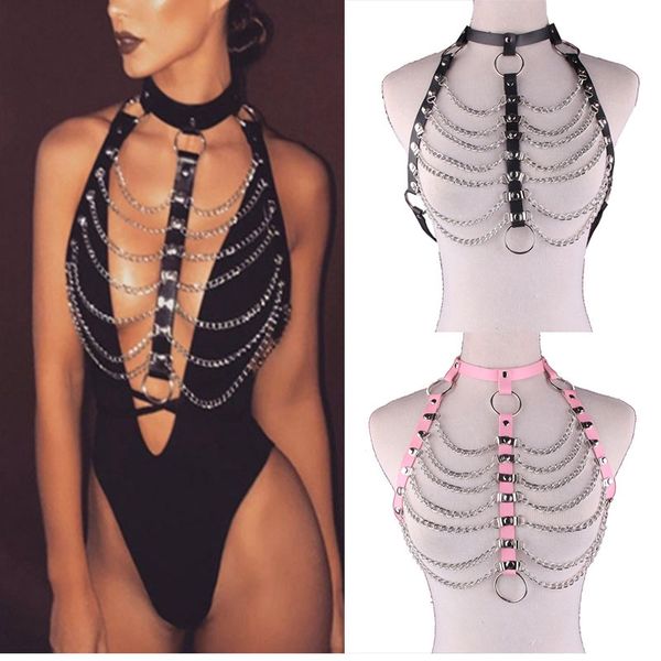 

2020 pu leather harness goth punk multiayer chains bondage halterneck beach collar gothic waist shoulder body necklace for women, Silver