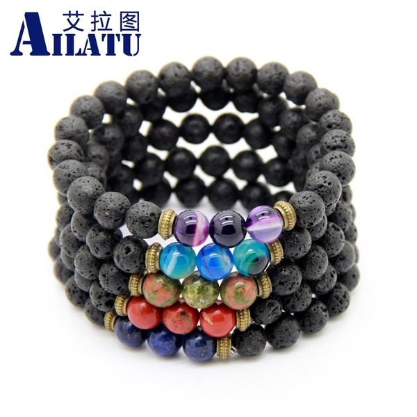 

ailatu wholesale 10pcs/lot new design fashion jewelry men's beaded picasso lava stone stretch yoga bracelets, Golden;silver