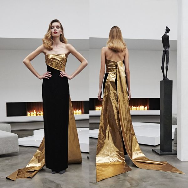 

elegant evening gowns gold black long a line prom dress backless floor length red carpet party gown robes de mariÃ©e, Black;red