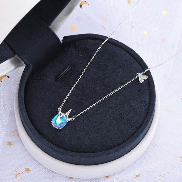 

s925 sterling silver lady pendant necklace seven colors rainbow unicorn necklace fashion jewelry collarbone chain lady