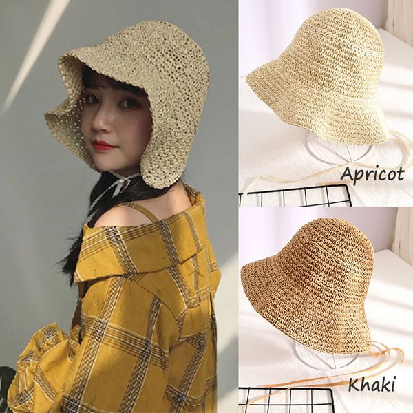 

fashionable foldable straw woven fisherman seaside sunshade cap korean style hat female summer travel sunhat, Blue;gray