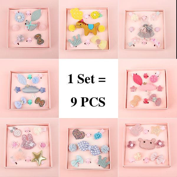 

1 комплект = 9 pcs new kids дети аксессуары шпилька заколка детские ткань bow цветочных деревообрабатывающие заколки девушка головной убор