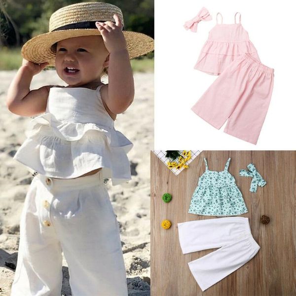 

pudcoco girl set 6m-5y us cute toddler kids baby girls headband sling pants 3pcs sunsuit outfits, White