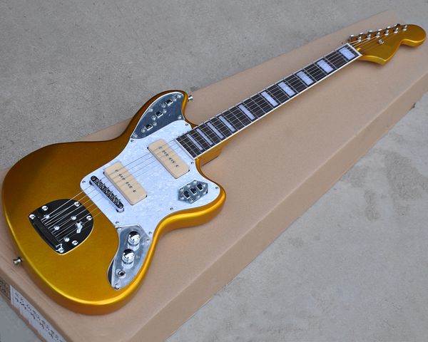 

factory wholesale golden electric guitar with p90 pickups,rosewood fingerboard,white pearl pickguard,offering customized services