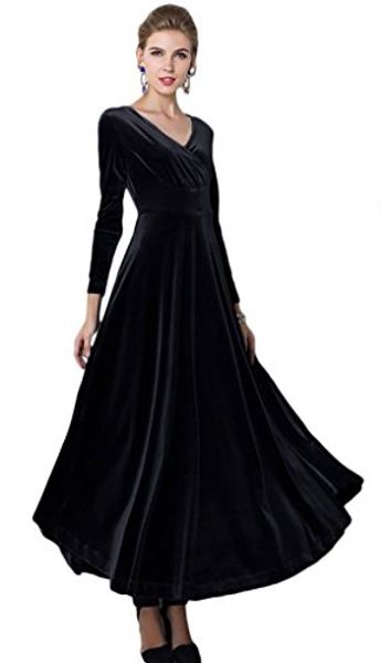 

r.vivimos women long sleeve v-neck velvet stretchy long dress, Black;gray