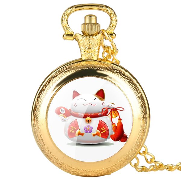 

chinese design lucky cat quartz pocket watch gifts creative decoration necklace pendant chain clock bring you wealth and luck, Slivery;golden