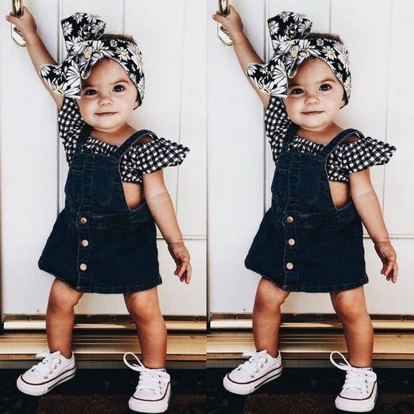 

1-6t toddler kids baby girl clothes plaid summer crop demin suspender dress overalls 2pcs outfits baby clothing clothes, White