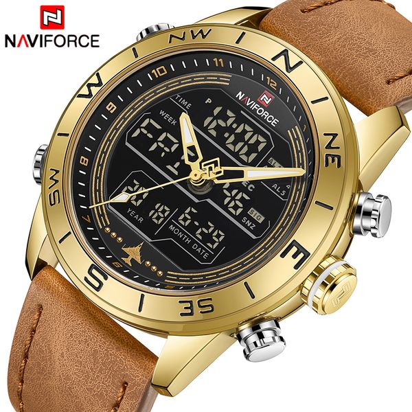 

men watches naviforce leather sports wrist watch men waterproof quartz digital clock relogio masculino, Slivery;brown