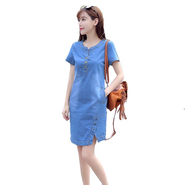 

2020 new women denim dress korean style feminino vestido summer casual o-neck button dresses blue plus size short sleeve a207, White;black