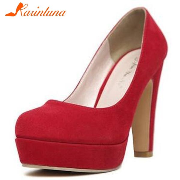 

karinluna 2019 dropship classic high heels platform flock shoes women lady slip on party wedding woman shoes female, Black