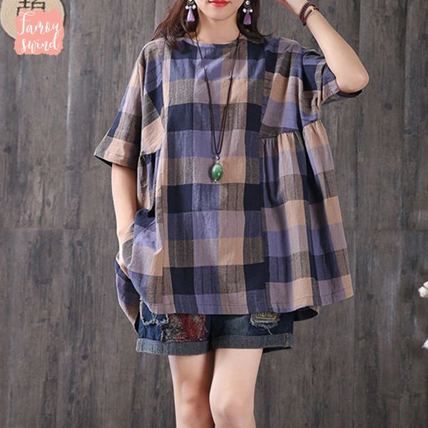 

лето zanzea s блуза 5xl женщины plaid проверить o образным вырезом с коротким рукавом повседневная сыпучие белье оборками партии рубашки вер, White